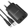 Borofone hálózati töltő adapter 1m Micro USB kábellel 2,1A | 2xUSB (BN2), fekete
