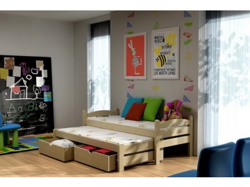 Dřevěná postel KIK-V010 80x200cm s přistýlkou a úložným prostorem borovice masiv lakovaná