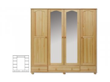 Šatní skřín 4 dveřova se zrcadlem +3 šuplíky borovice masiv KIK 120