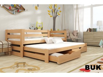 Masivní postel KUBÍK 200X90cm s přistýlkou a úložným prostorem se zábranou borovice masiv BUK