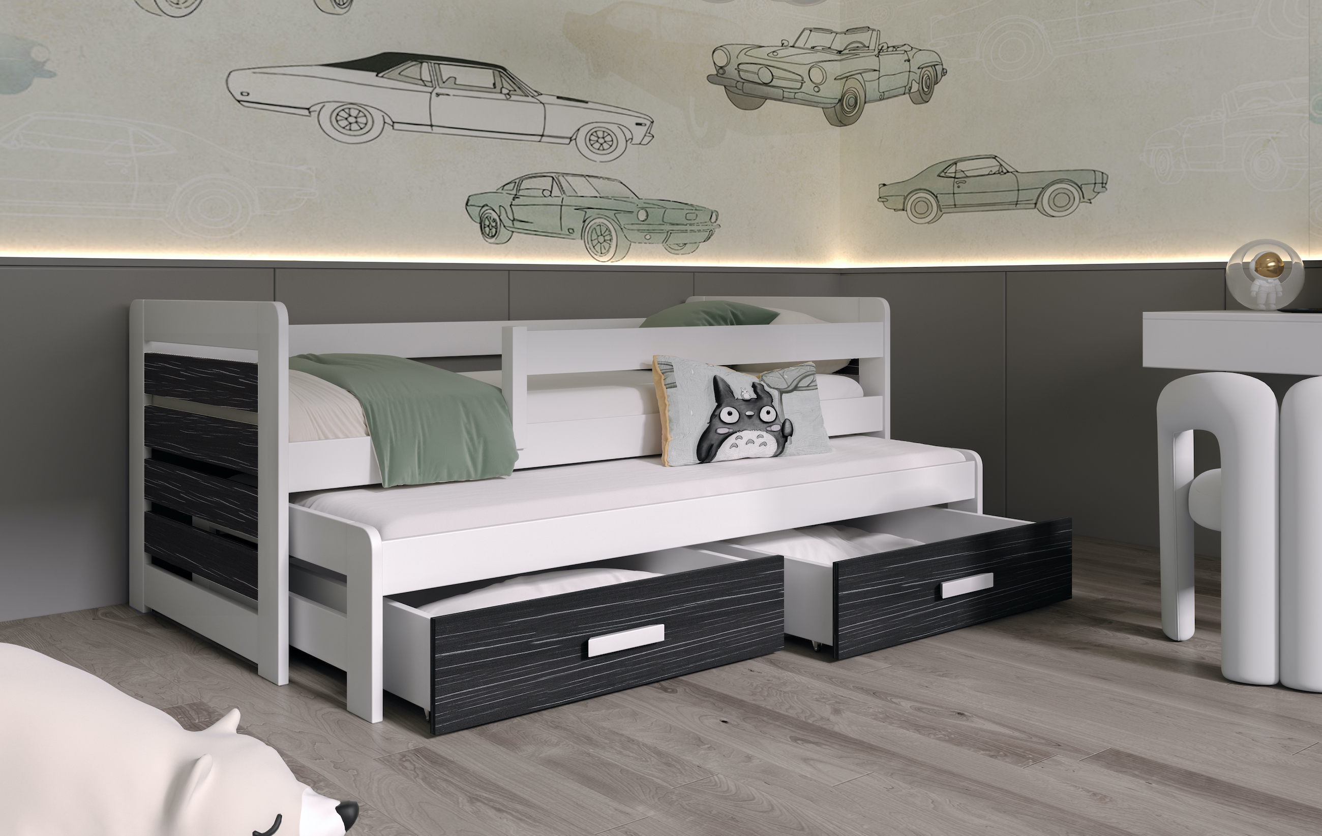 Dřevěná postel FODEN s výsuvným lůžkem a s úložným prostorem .Povrchová úprava: Šedá, Rozměr: 90 x 200 cm