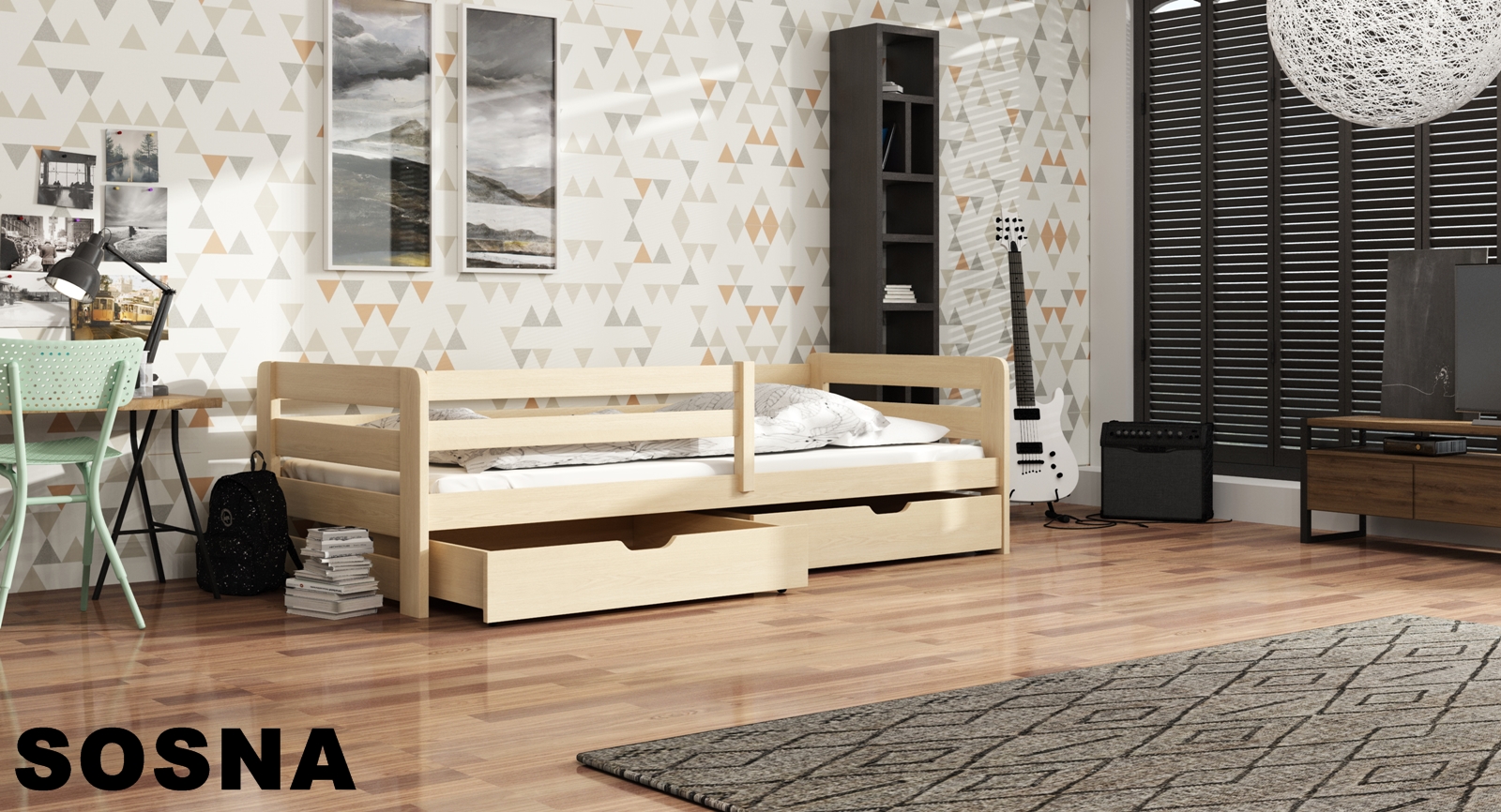 Dřevěná postel Ergo s úložným prostorem Odstín postele: přírodní lakovaná, Rozměr: 80 x 180 cm