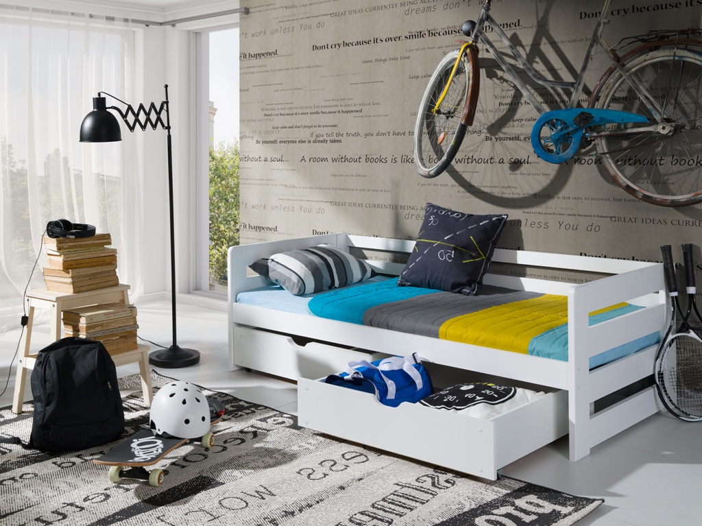 Dřevěná postel Ergo s úložným prostorem Odstín postele: barva bílá, Rozměr: 90 x 190 cm