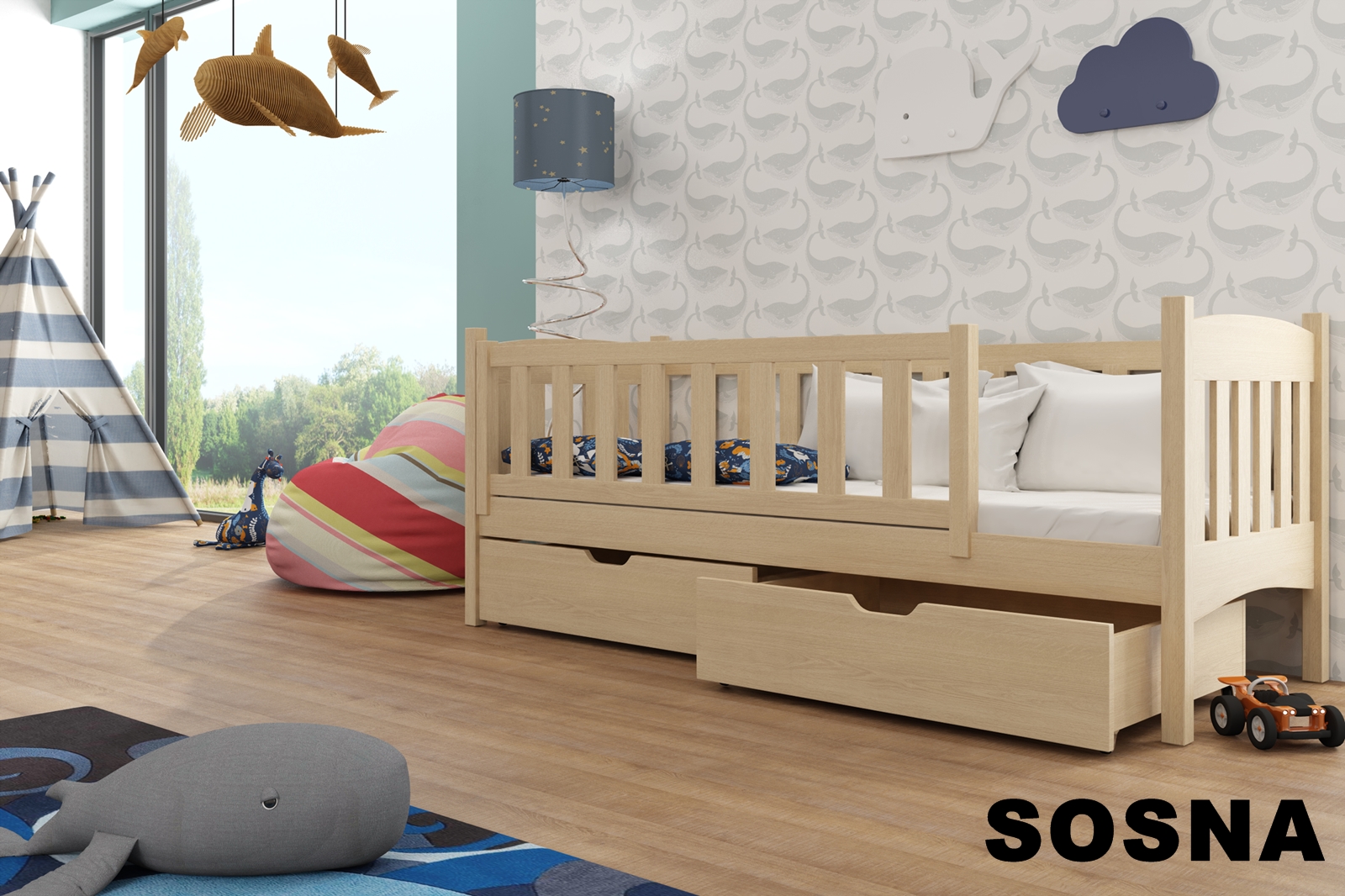Dřevěná postel Guci s úložným prostorem Odstín postele: přírodní lakovaná, Rozměr: 90 x 200 cm