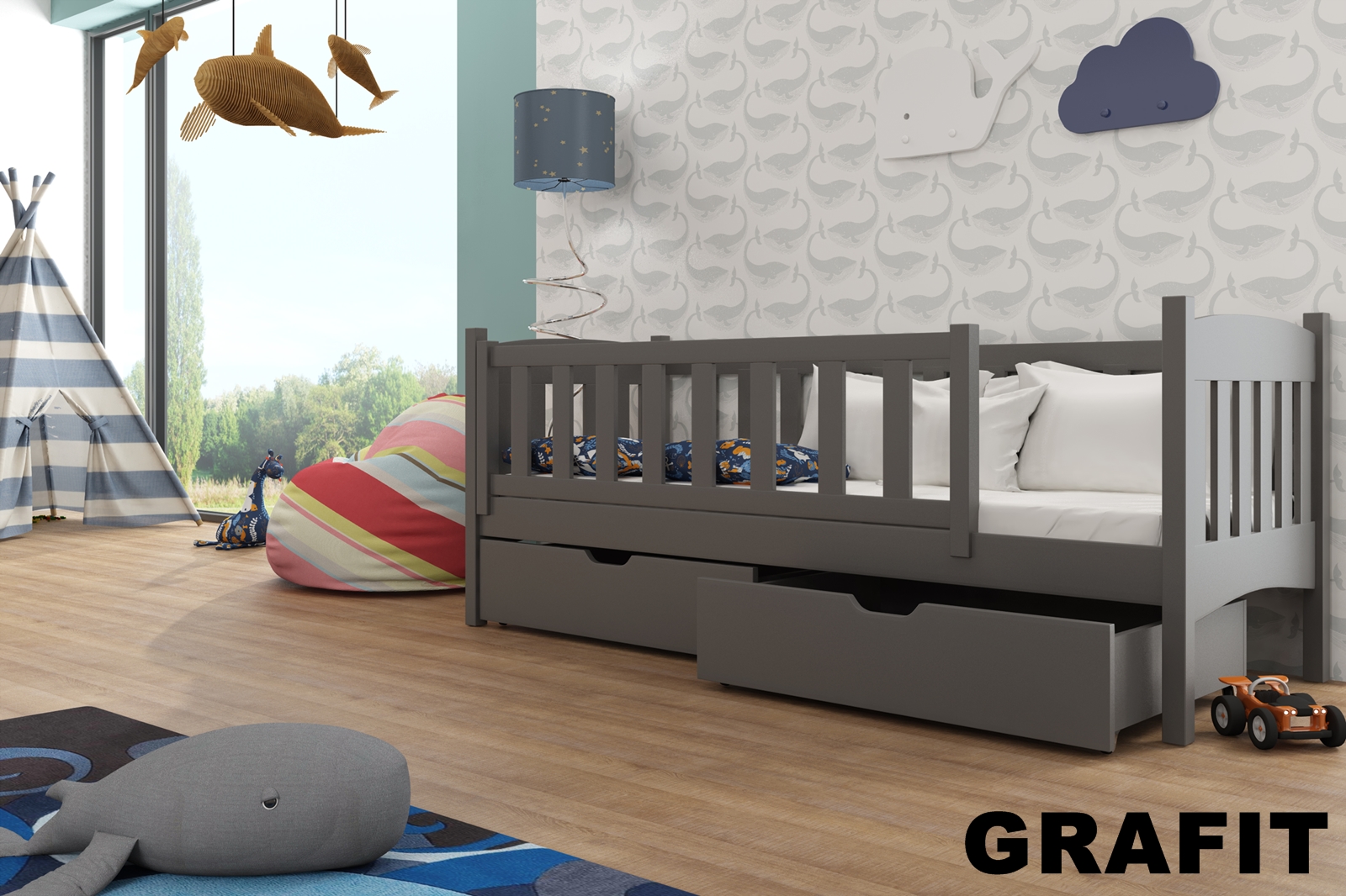 Dřevěná postel Guci s úložným prostorem Odstín postele: barva grafit, Rozměr: 90 x 200 cm