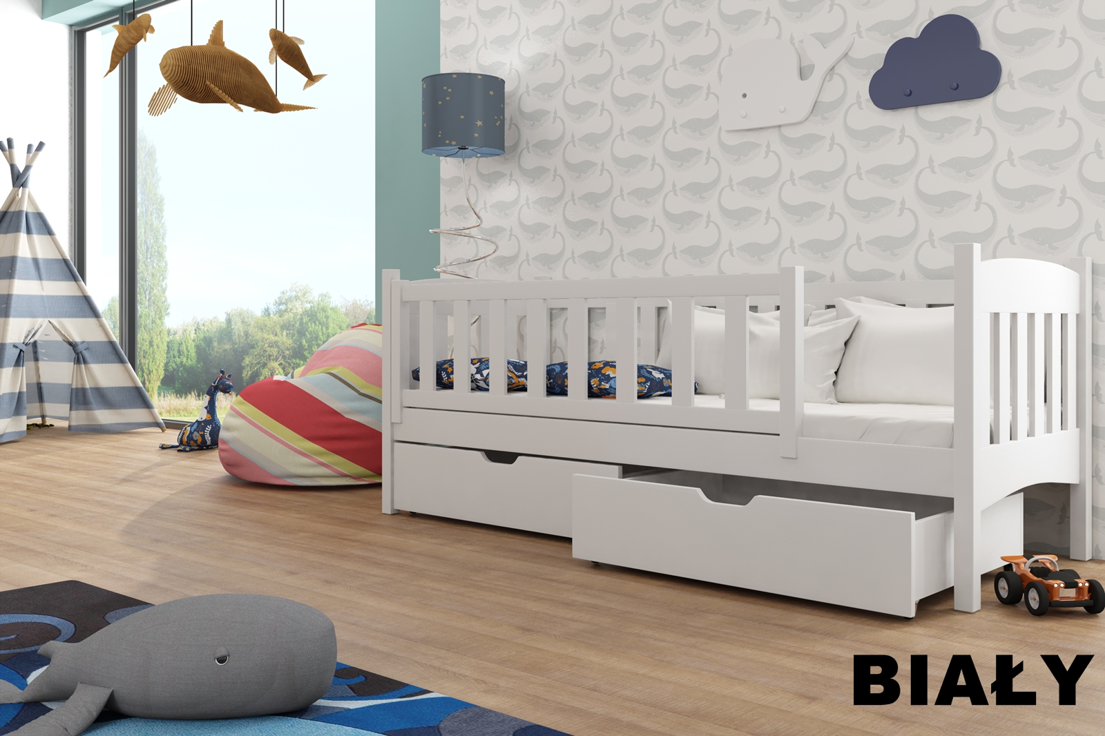 Dřevěná postel Guci s úložným prostorem Odstín postele: barva bílá, Rozměr: 90 x 190 cm