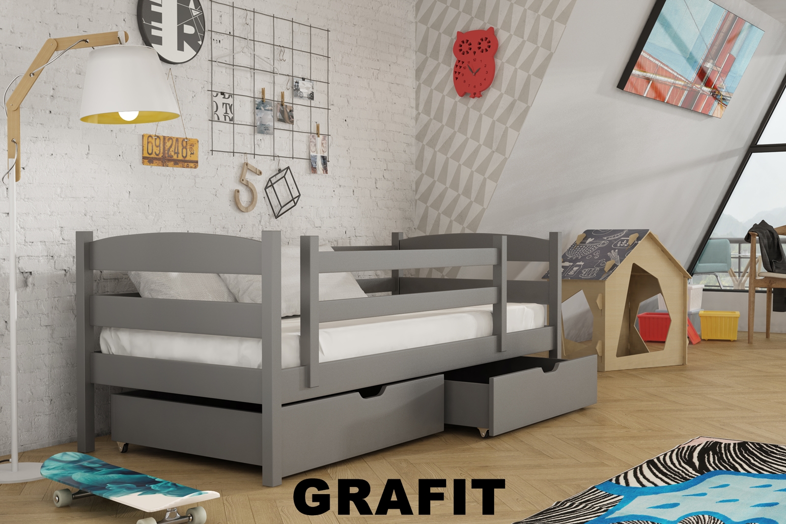 Dřevěná postel Suzan s úložným prostorem Odstín postele: barva grafit, Rozměr: 80 x 180 cm