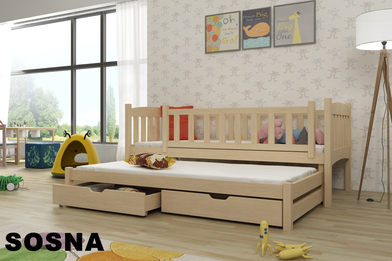 Dřevěná postel Amálka s výsuvným lůžkem a s úložným prostorem Odstín postele: přírodní lakovaná, Rozměr: 80 x 180 cm
