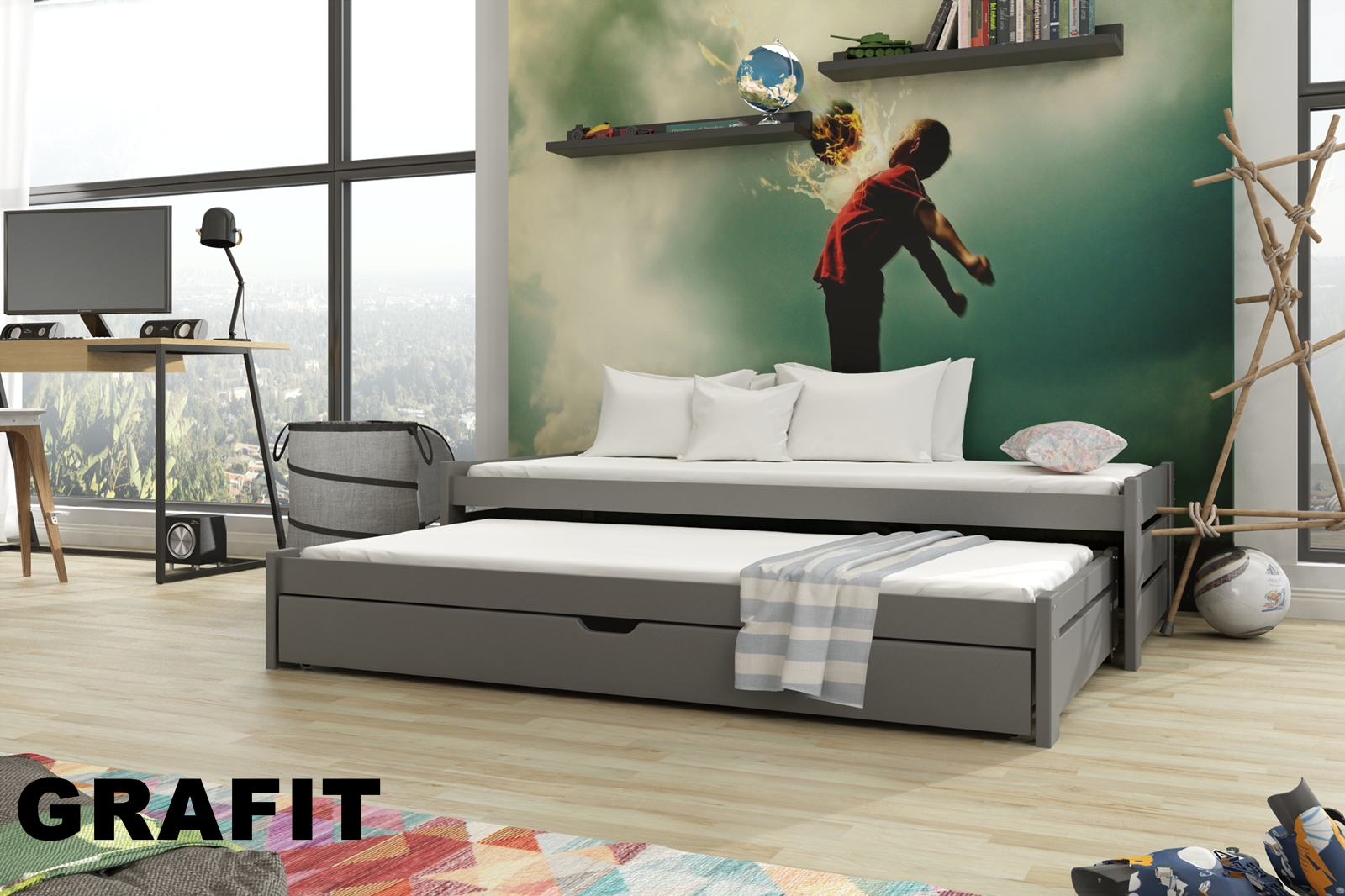 Dřevěná postel Anísek s výsuvným lůžkem a úložným prostorem Odstín postele: barva grafit, Rozměr: 90 x 190 cm
