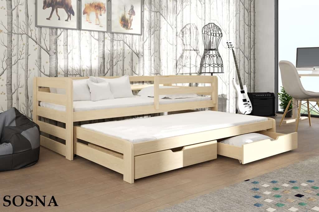 Dřevěná postel DREAM s výsuvným lůžkem a s úložným prostorem Odstín postele: přírodní lakovaná, Rozměr: 80 x 180 cm