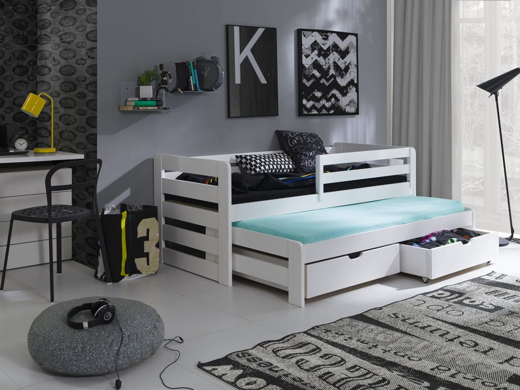 Dřevěná postel DREAM s výsuvným lůžkem a s úložným prostorem Odstín postele: barva bílá, Rozměr: 90 x 190 cm