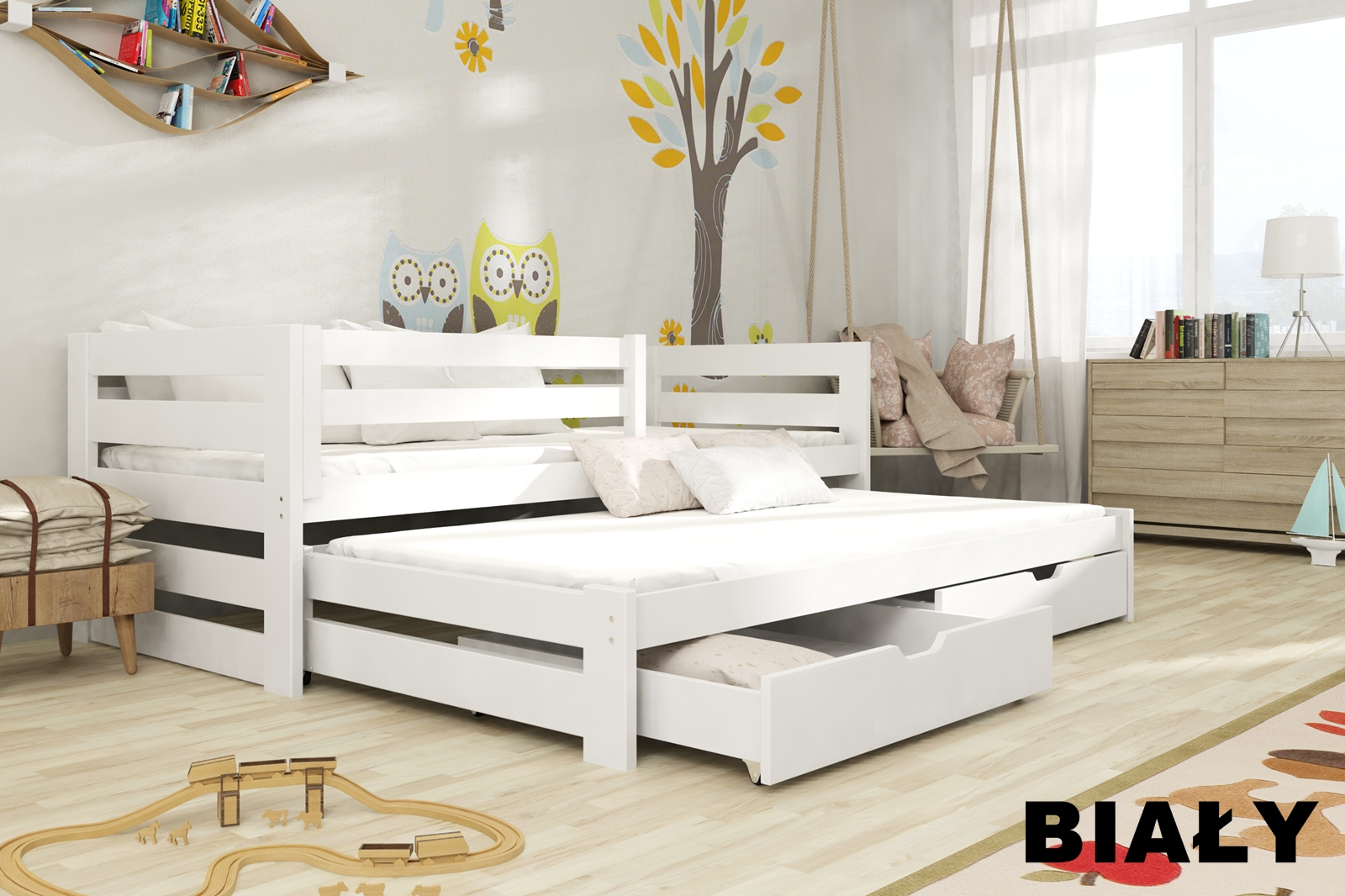 Dřevěná postel Jakub s výsuvným lůžkem a úložným prostorem Odstín postele: barva bílá, Rozměr: 90 x 190 cm