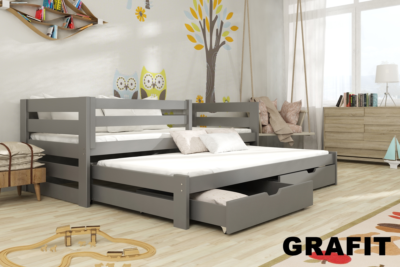 Dřevěná postel Jakub s výsuvným lůžkem a úložným prostorem Odstín postele: barva grafit, Rozměr: 90 x 200 cm
