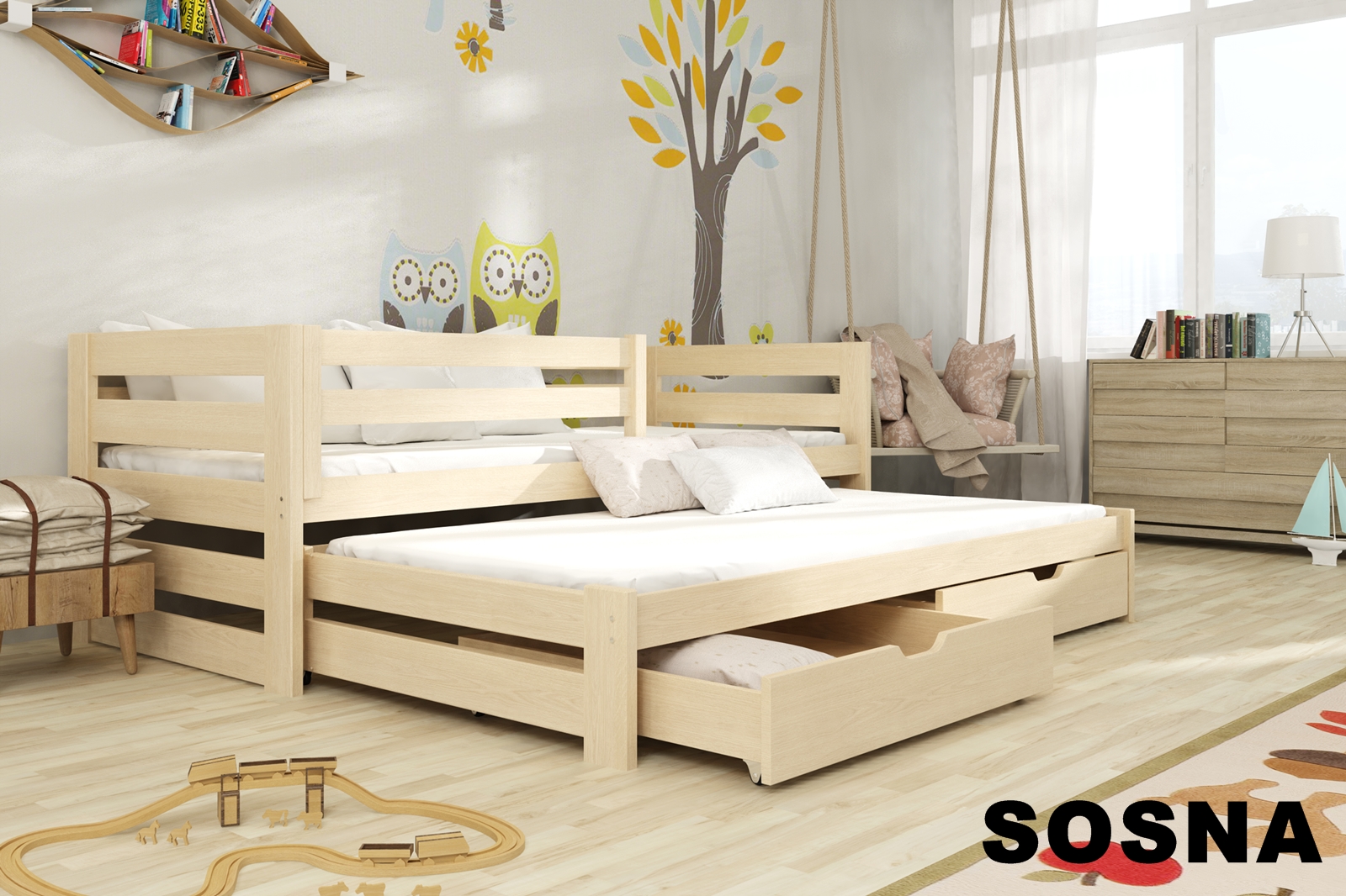 Dřevěná postel Jakub s výsuvným lůžkem a úložným prostorem Odstín postele: přírodní lakovaná, Rozměr: 90 x 190 cm