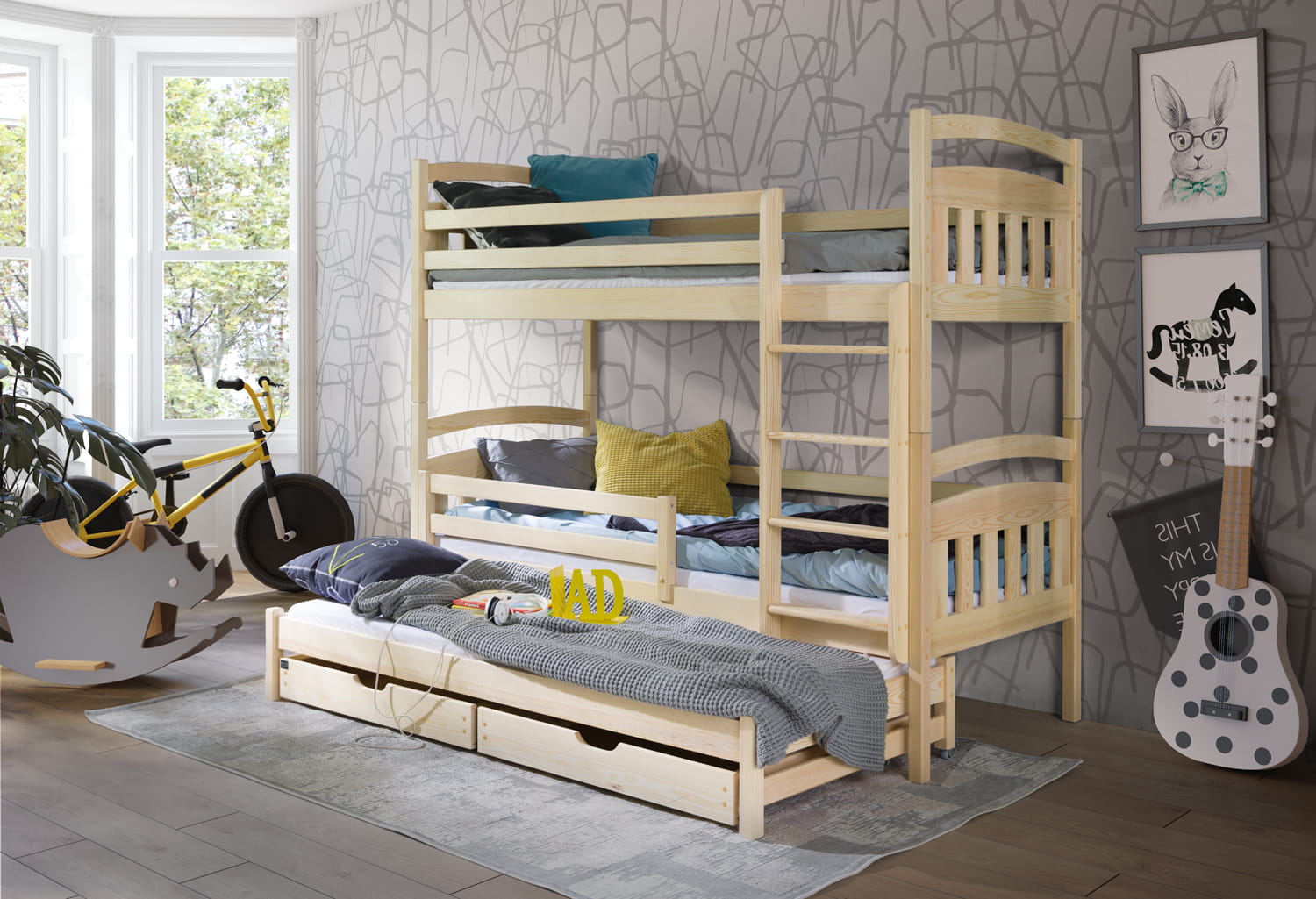 Patrová postel Alánek s výsuvným lůžkem a úložným prostorem Odstín postele: přírodní lakovaná, Rozměr: 90 x 190 cm