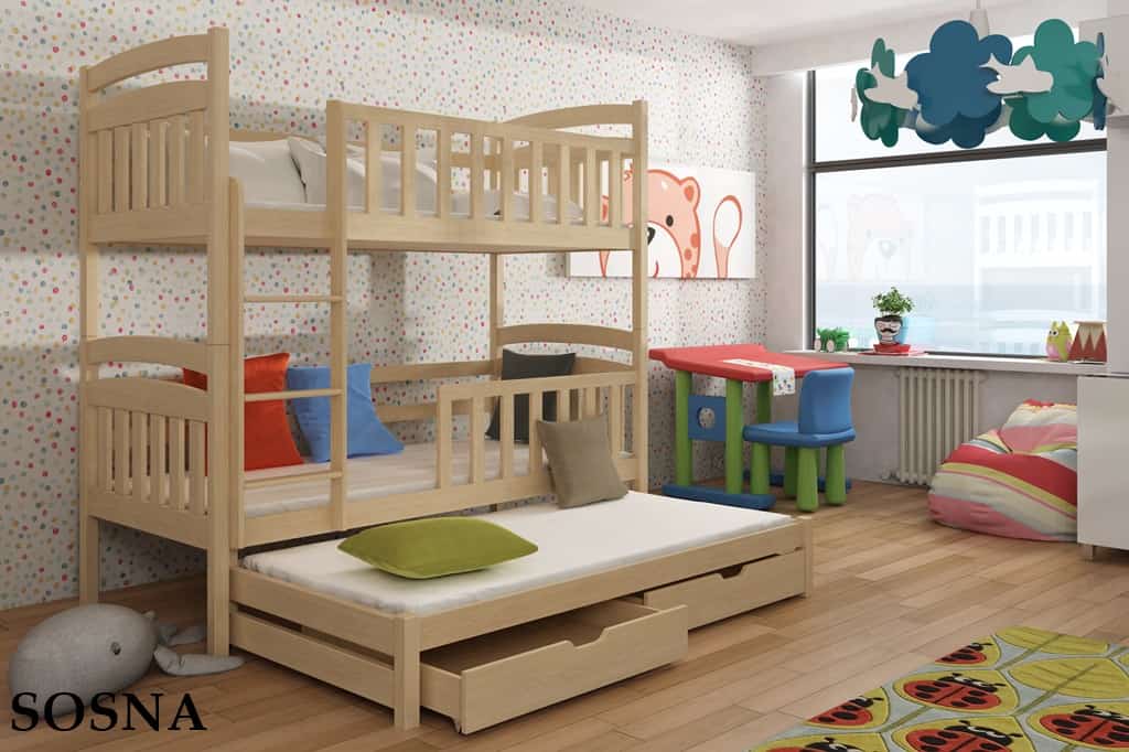Patrová postel pro 3 osoby VIKTOR s výsuvným lůžkem a úložným prostorem Odstín postele: přírodní lakovaná, Rozměr: 80 x 180 cm