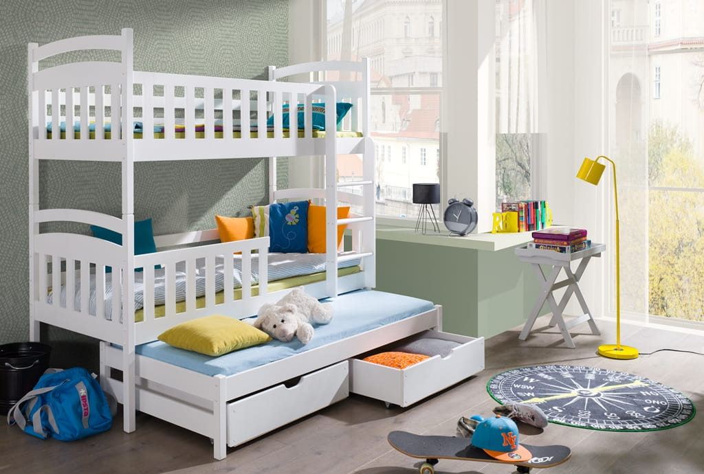 Patrová postel pro 3 osoby VIKTOR s výsuvným lůžkem a úložným prostorem Odstín postele: barva bílá, Rozměr: 90 x 190 cm