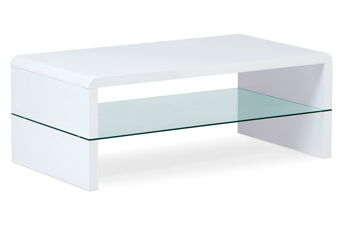 Konferenční stolek, MDF vysoký lesk bílý / čiré sklo
