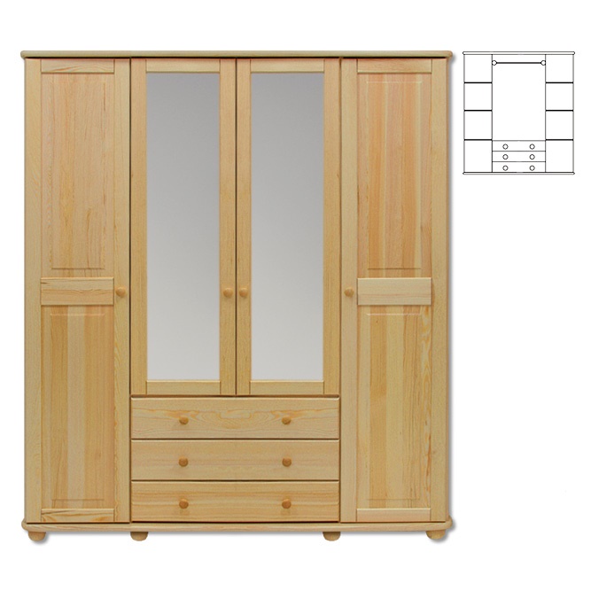 Dřevěná masivní šatní skřín se šuplíky borovice masiv KIK130 se zrcadlem Odstín postele: ořech