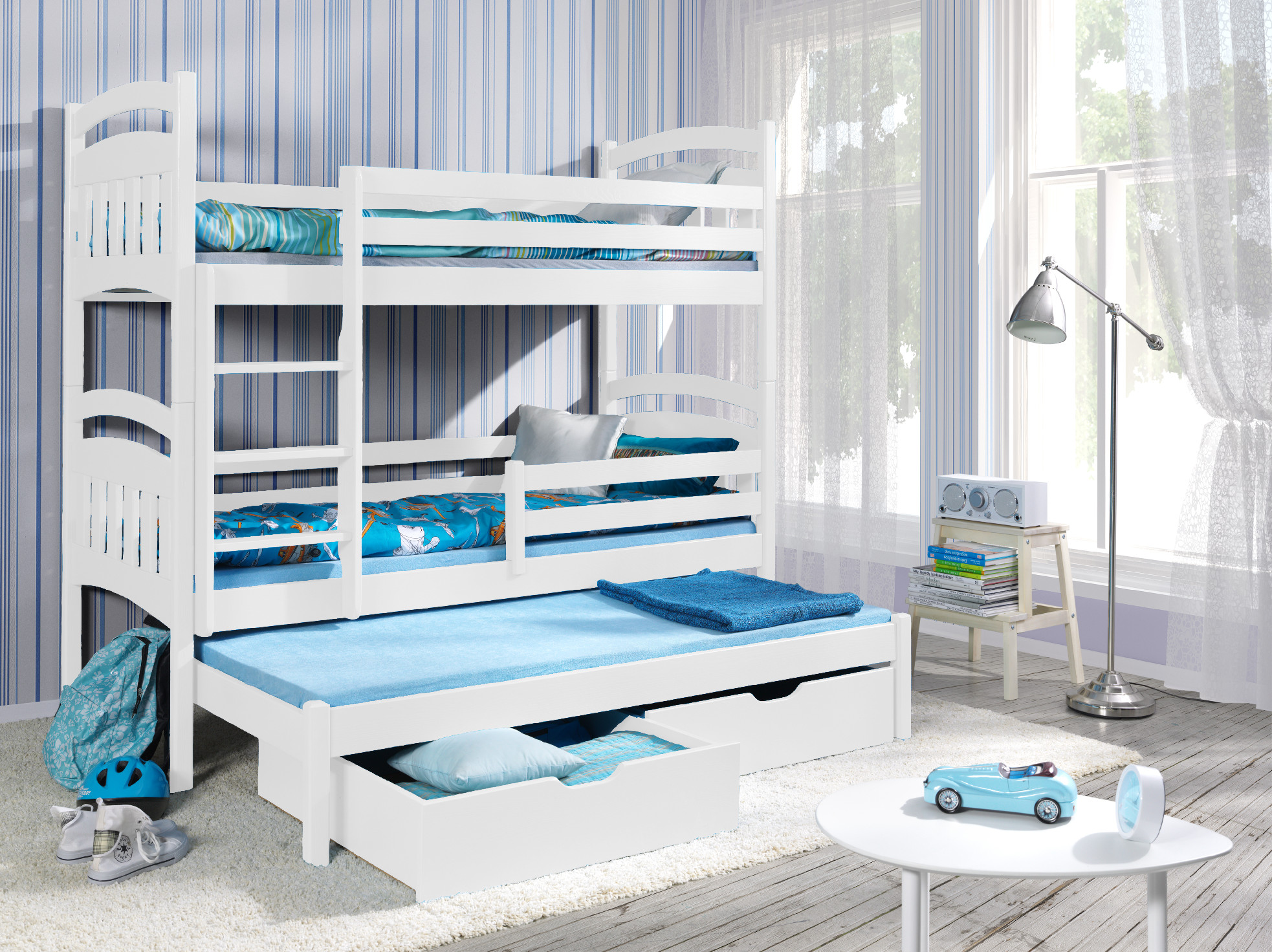 Patrová postel JAKUB 3 s úložným prostorem borovice masiv .Povrchová úprava: Cappucino, Rozměr: 80 x 180 cm