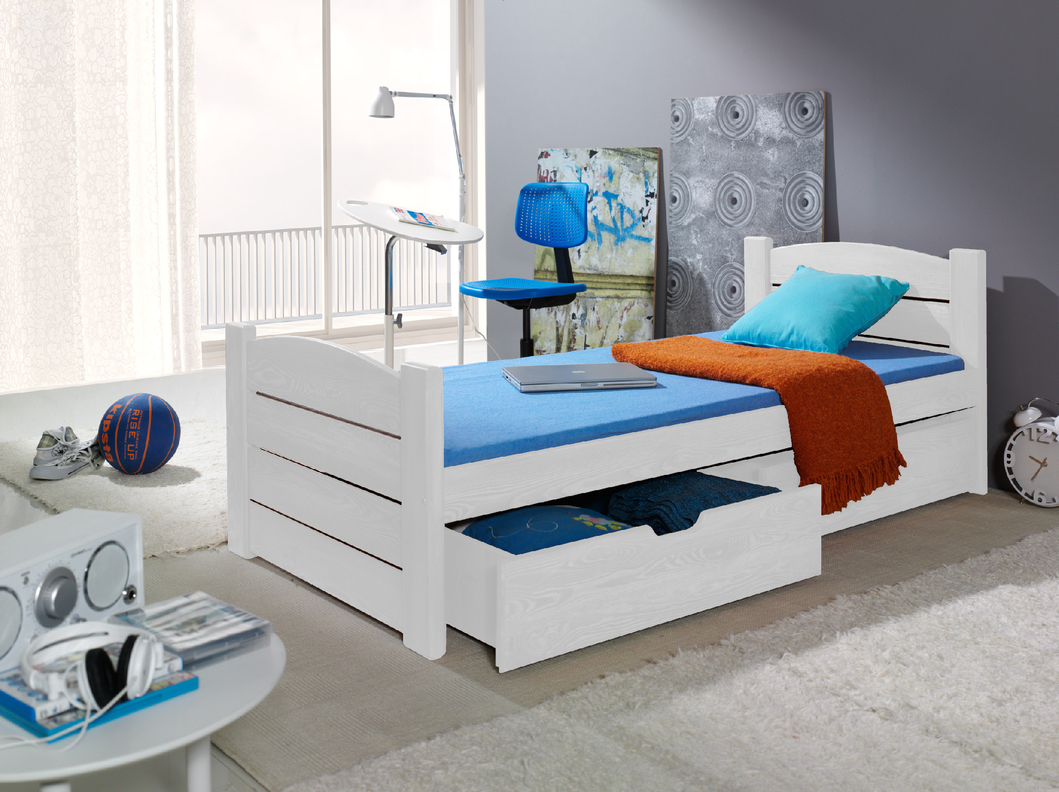 Dřevěná postel ROMANKA s úložným prostorem borovice masiv .Povrchová úprava: Bílá, Rozměr: 80 x 180 cm