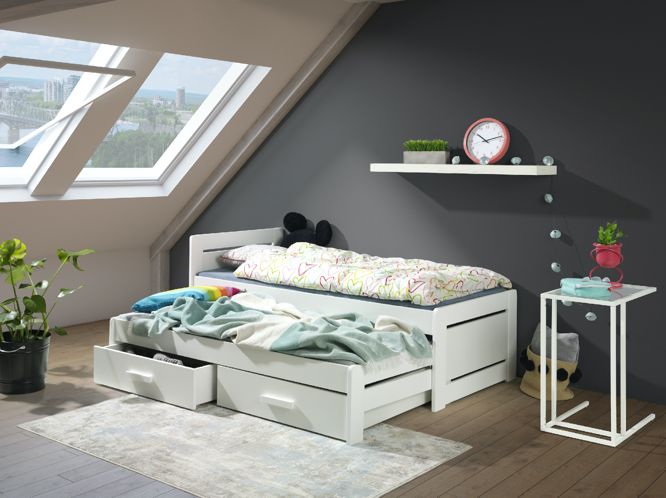 Dřevěná postel TIESTO s výsuvným lůžkem a s úložným prostorem .Povrchová úprava: Bílá, Rozměr: 80 x 180 cm
