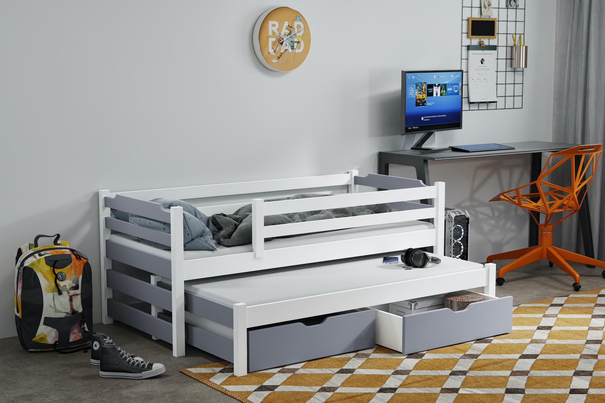 Dřevěná postel MARCIN 2 s výsuvným lůžkem a s úložným prostorem .Povrchová úprava: Bílá, Rozměr: 90 x 190 cm