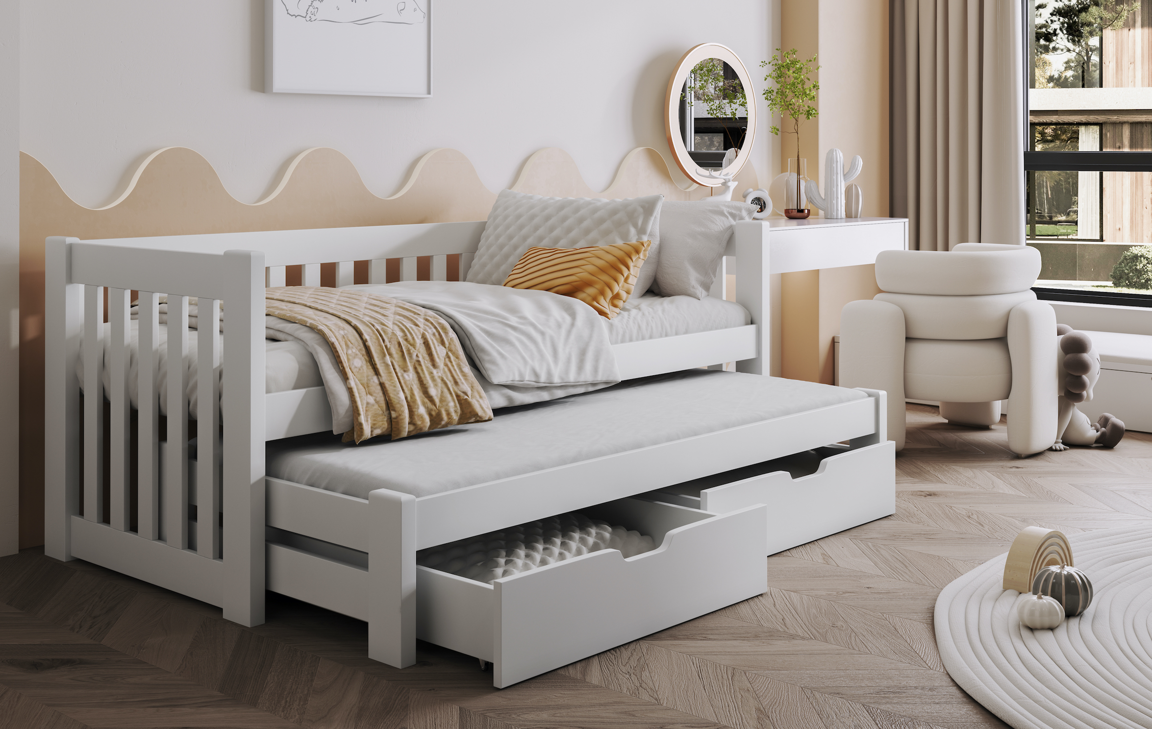 Dřevěná postel FILIP s výsuvným lůžkem a s úložným prostorem .Povrchová úprava: Bílá, Rozměr: 90 x 190 cm