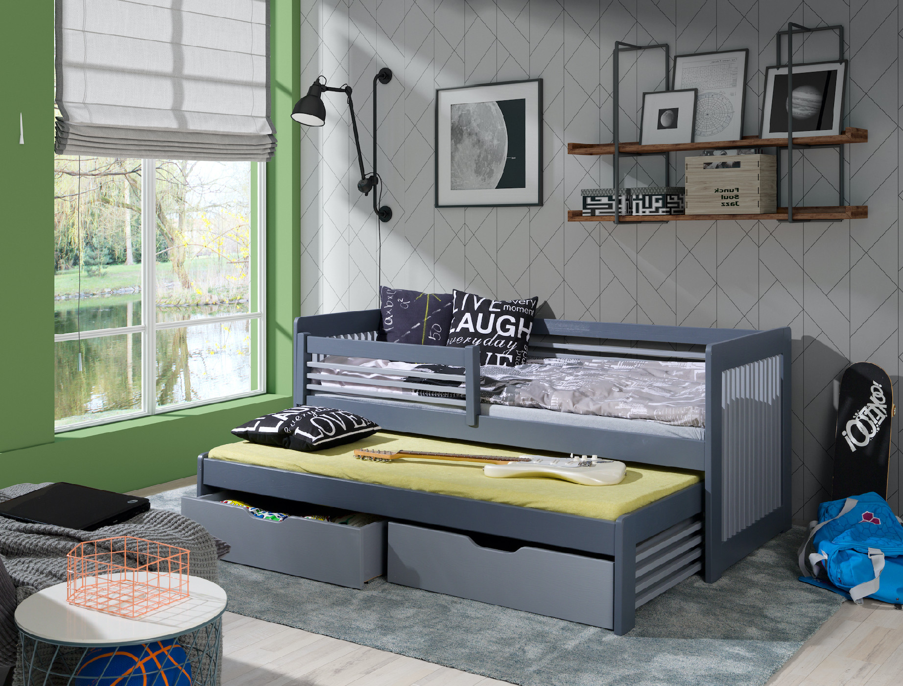 Dřevěná postel ANATOL 2 s výsuvným lůžkem a s úložným prostorem .Povrchová úprava: Šedá, Rozměr: 90 x 200 cm