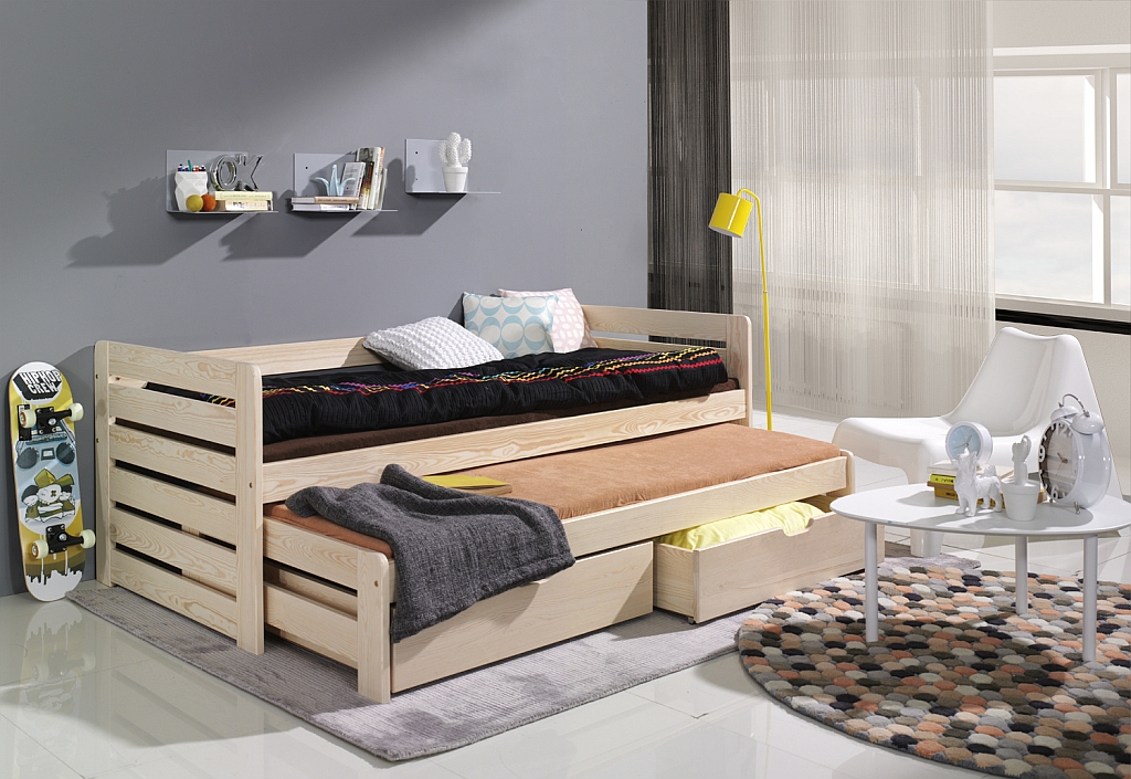 Dřevěná postel TOMÁŠ s výsuvným lůžkem a s úložným prostorem .Povrchová úprava: Šedá, Rozměr: 90 x 200 cm