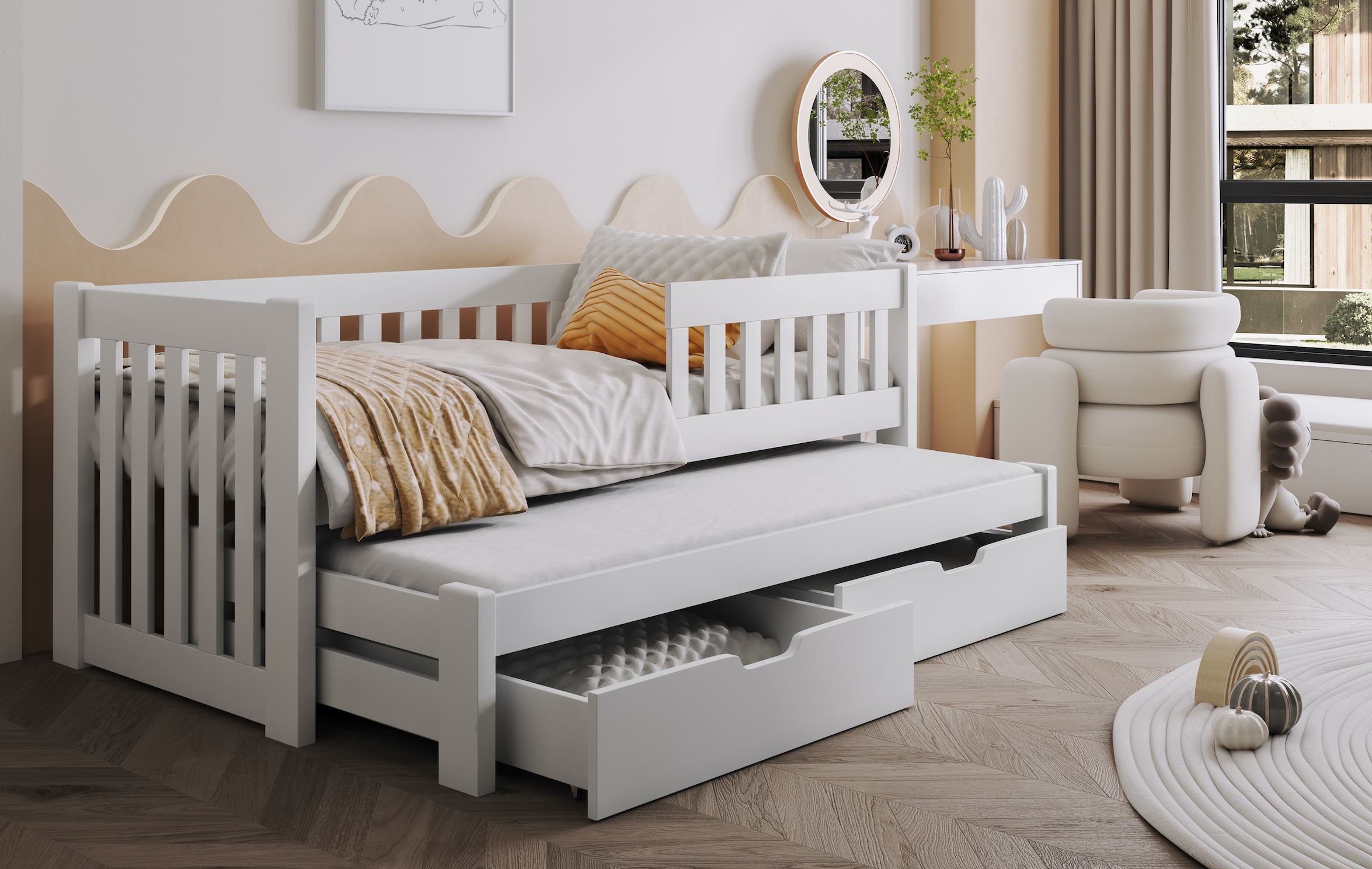 Dřevěná postel FILIP 2 s výsuvným lůžkem a s úložným prostorem .Povrchová úprava: Bílá, Rozměr: 90 x 190 cm