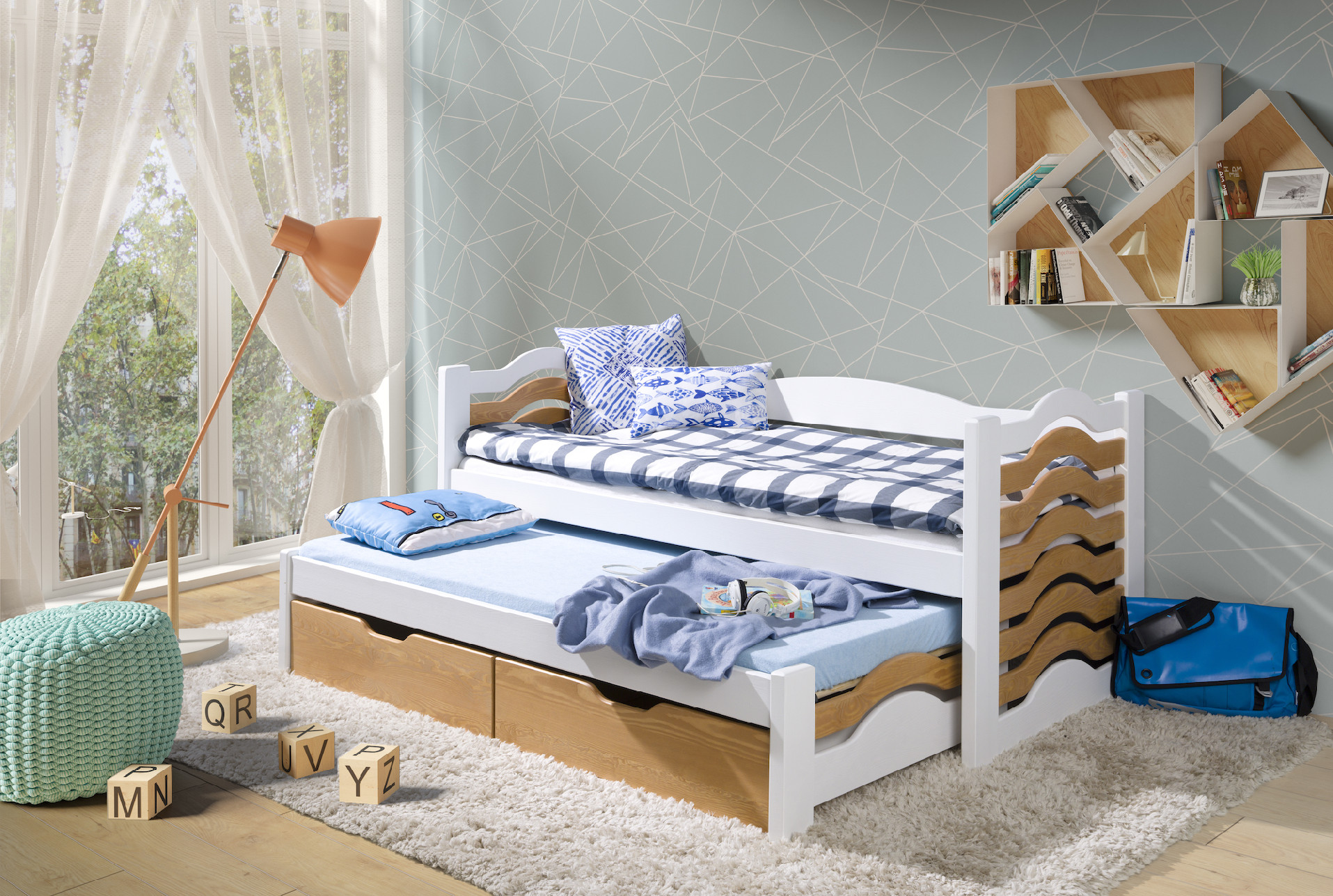 Dřevěná postel MIKOLAJ s výsuvným lůžkem a s úložným prostorem .Povrchová úprava: Bílá, Rozměr: 90 x 190 cm