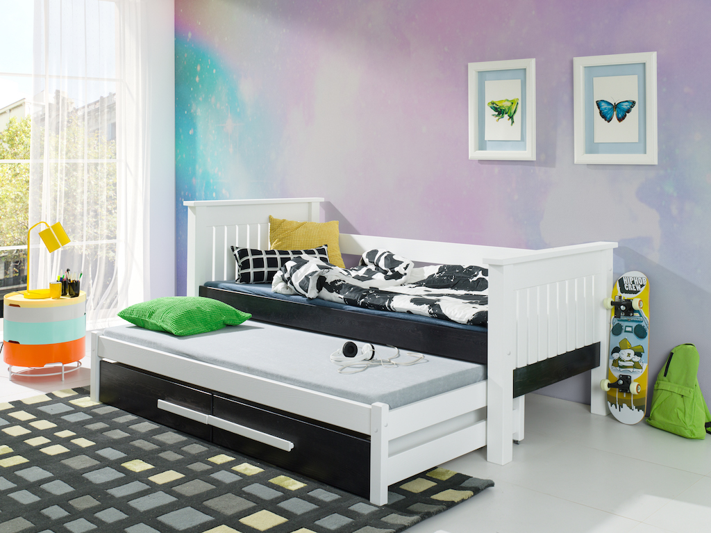 Dřevěná postel TELMO s výsuvným lůžkem a s úložným prostorem .Povrchová úprava: Přírodní lakovaná, Rozměr: 90 x 190 cm