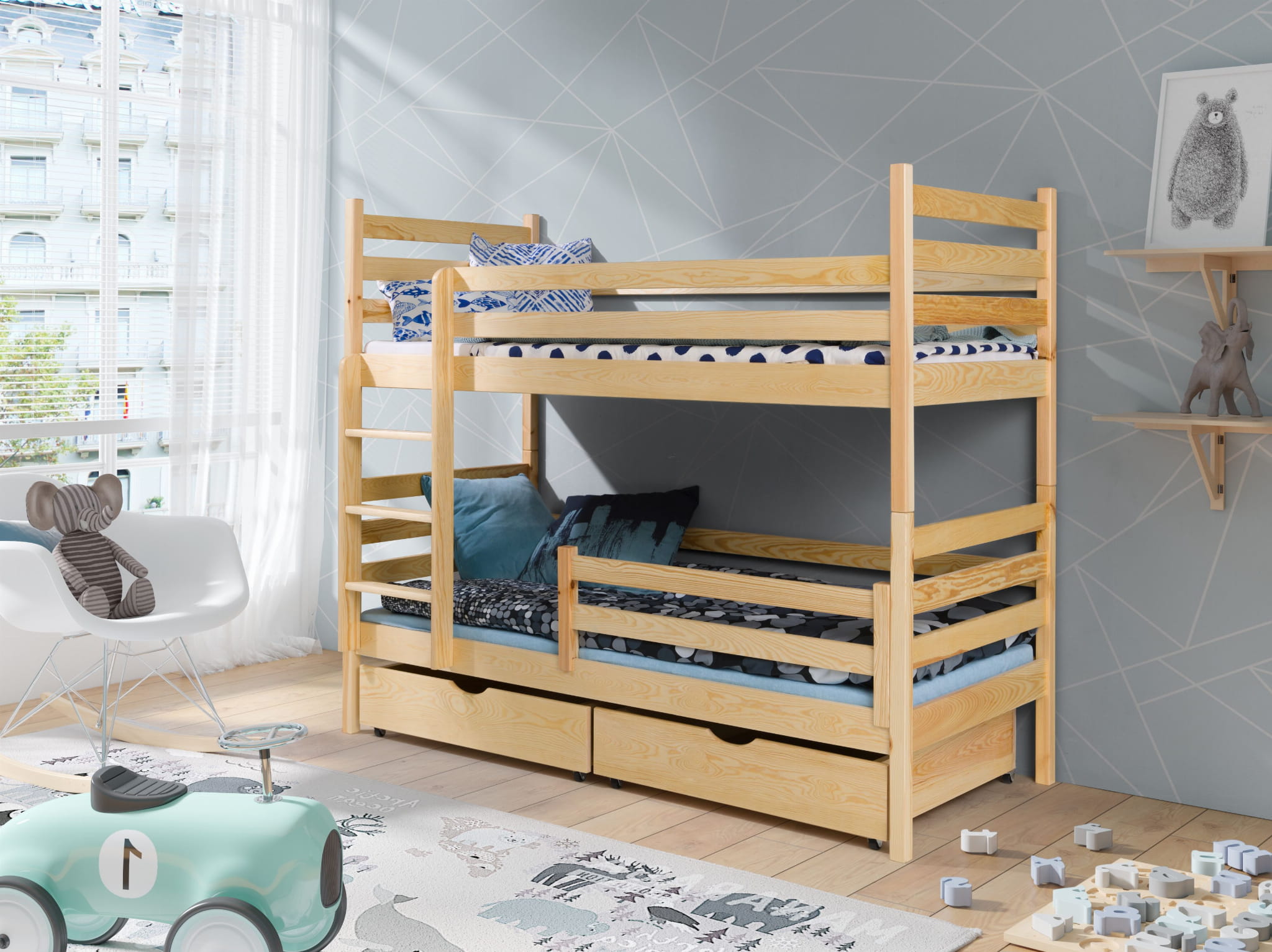 Patrová postel WOJTEK s úložným prostorem borovice masiv .Povrchová úprava: Růžová, Rozměr: 90 x 190 cm