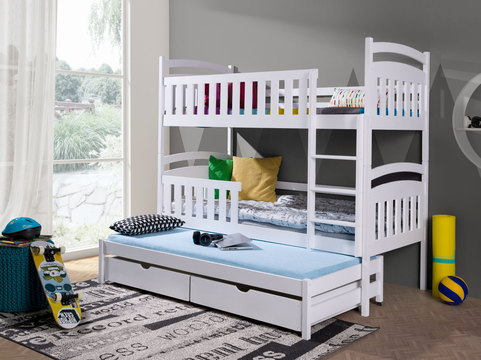 Patrová postel pro 3 osoby KASIA s úložným prostorem .Povrchová úprava: Modrá, Rozměr: 90 x 190 cm