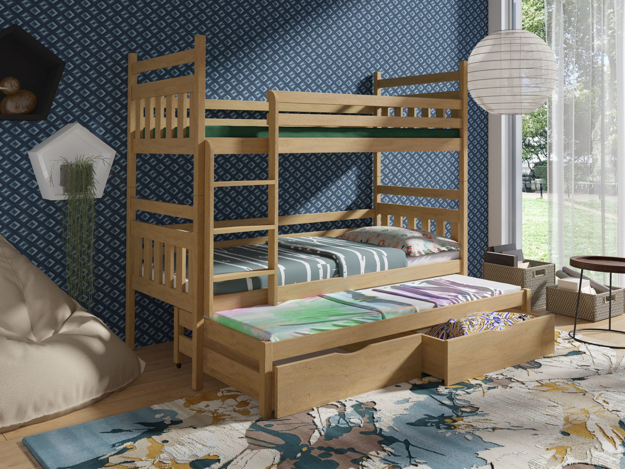 Patrová postel pro 3 osoby TOSIA s úložným prostorem .Povrchová úprava: Přírodní lakovaná, Rozměr: 90 x 190 cm