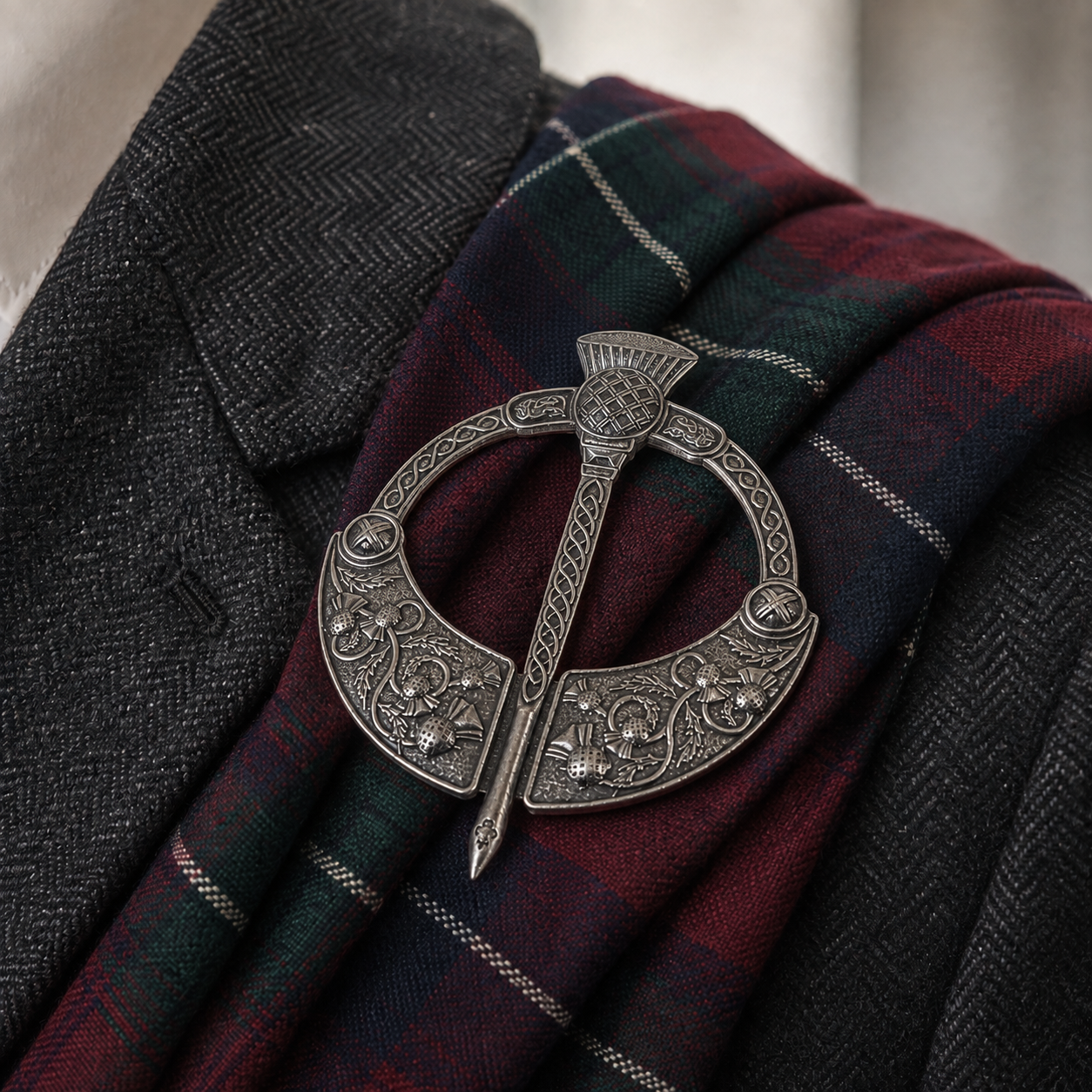 Scottish thistle plaid brooch