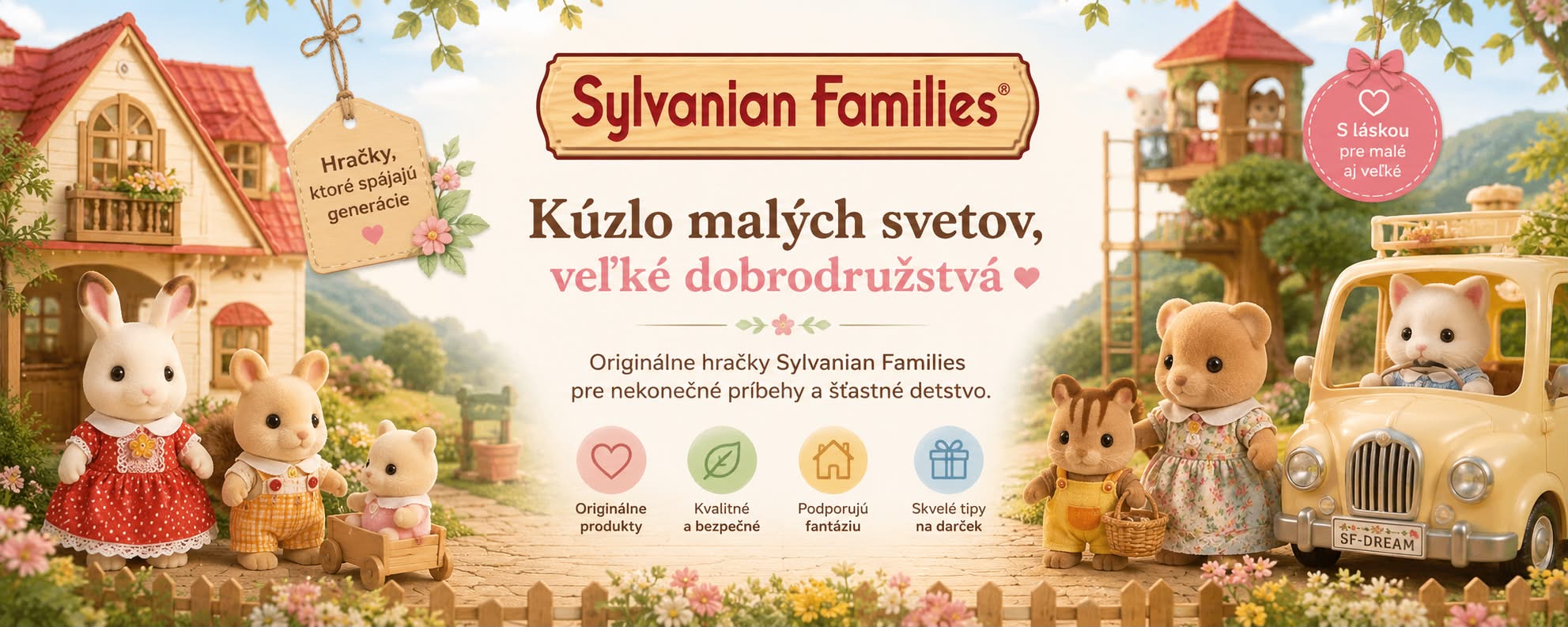 Tento reklamný banner propaguje značku Sylvanian Families a kombinuje teplý, rozprávkový vizuál s jasnými textovými správami.