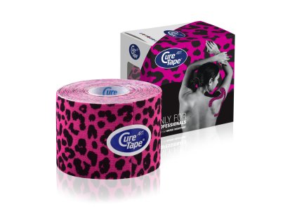 curetape classic art kinesiology tape product leopard pink and black printed pattern design 5cm x 5m 1 single roll with box packaging hr image