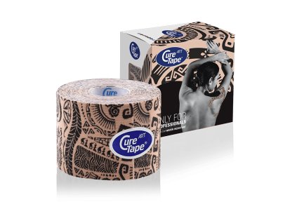 curetape classic art kinesiology tape product tattoo beige and black printed pattern design 5cm x 5m 1 single roll with box packaging lr image1