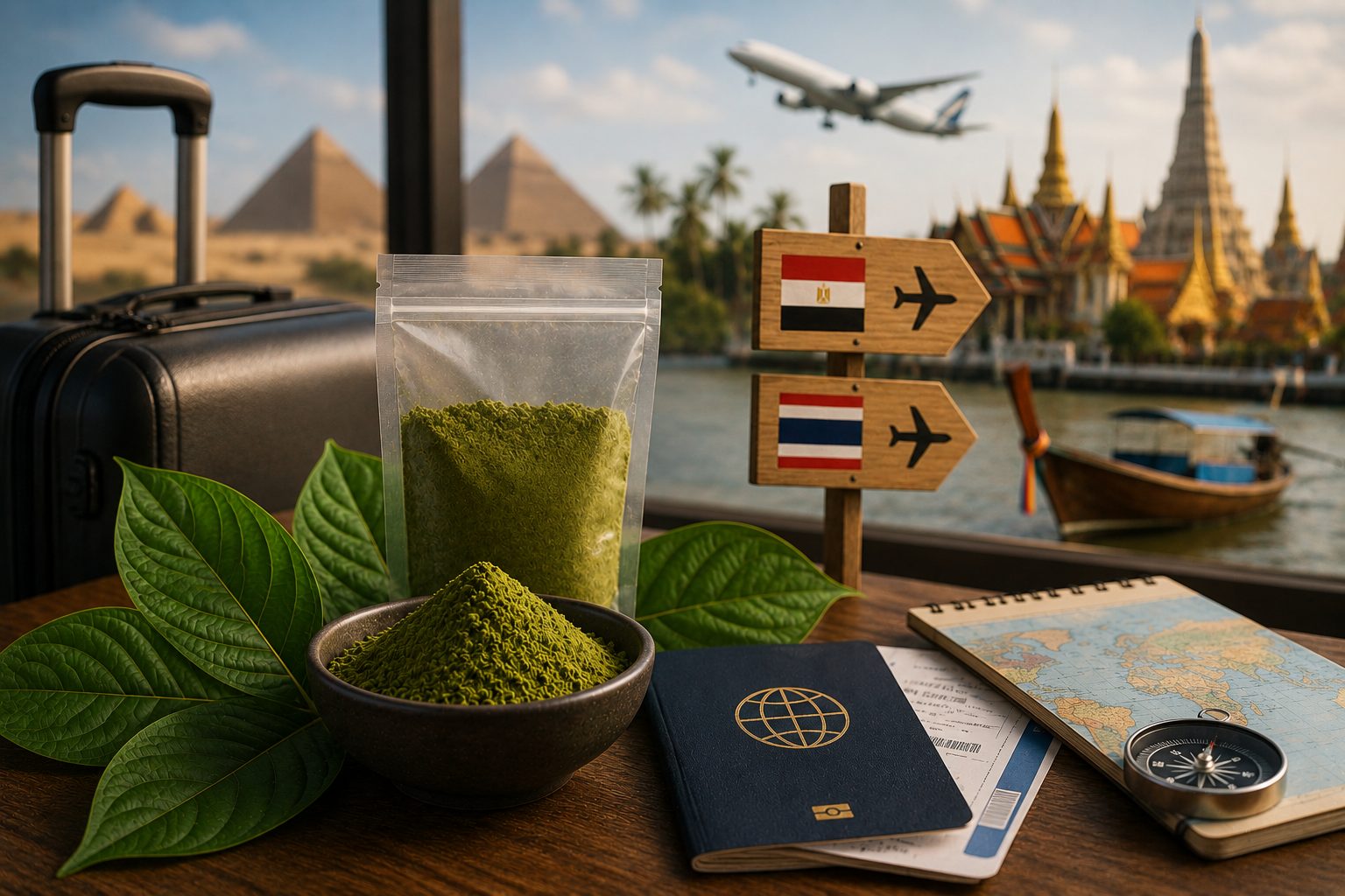 Jaká jsou pravidla pro cestování s kratomem do zahraničí (např. Egypt, Thajsko)?