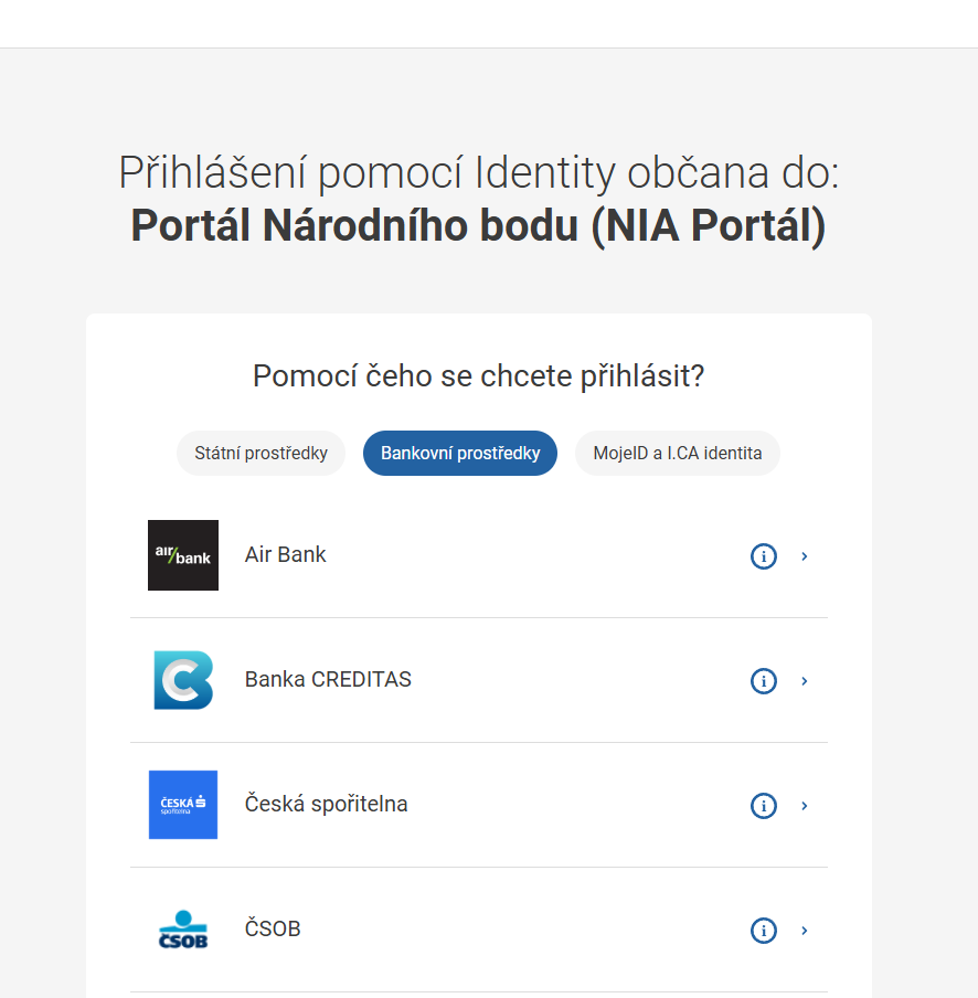 Screenshot — výběr bankovních prostředků na portálu Identita občana