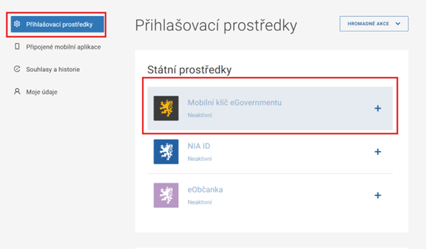 Screenshot — přehled po přihlášení, volba Mobilní klíč eGovernmentu