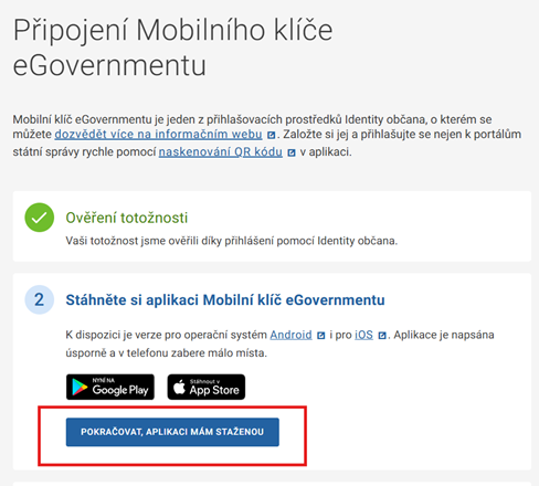 Screenshot — obrazovka připojení mobilního klíče