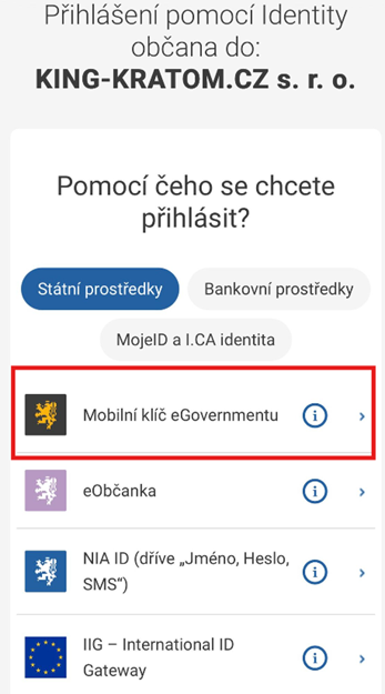 Screenshot — výběr přihlášení přes Mobilní klíč eGovernmentu