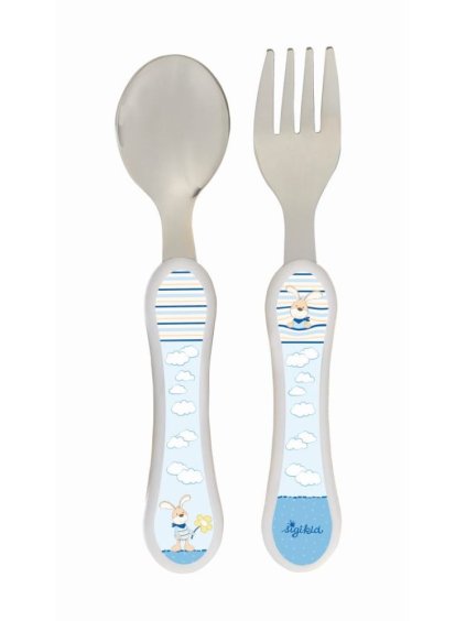 Dětský příbor- lžíce a vidlička zajíček modrá Sigikid