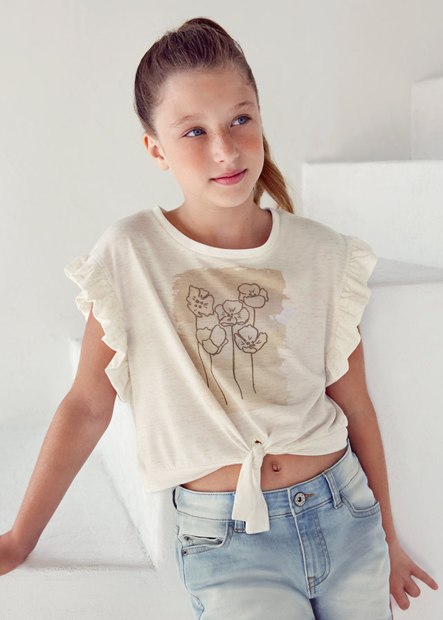 Crop top s volány KVĚTINY smetanový JUNIOR Mayoral