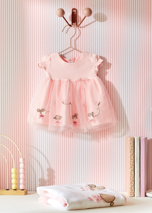 Šaty s krátkým rukávem a tylovou sukní růžové NEWBORN Mayoral velikost: 4-6 měsíců