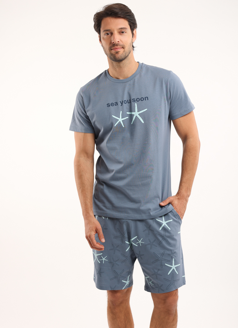Pyžamo pánské s krátkým rukávem a kraťasy Mořské hvězdice šedé Extreme Intimo velikost: 6 (L)