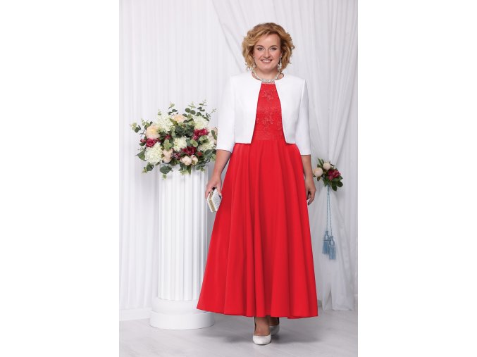 Luxusní společenské šaty pro plnoštíhlé Eugenia červené dlouhé s bílým kabátkem